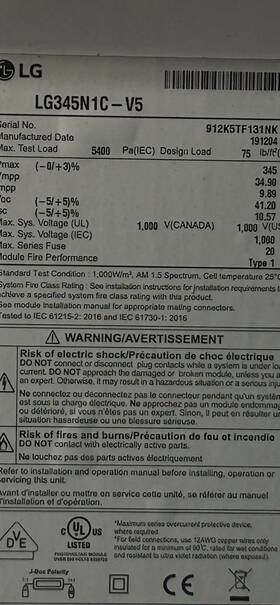 Lg Lg345n1c-v5 Solar Module Label Mc4 1000v Max 20a Overcurrent Device