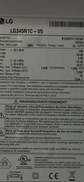 Lg345n1c-v5 Lg Solar Module Label Mc4 1000v Max 20a Overcurrent Device
