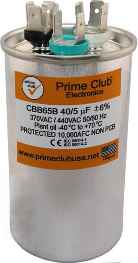 Prime Club Cbb65-b-r-40-5 40 5 Uf 40/5 Mfd 6% 370v/440vac Cbb65 Dual Run Round Start Capacitor For A