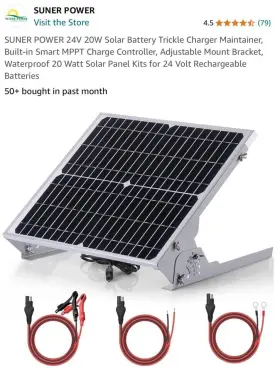 Suner Power 445055618665 24v Waterproof Solar Battery Trickle Charger And Maintainer - 20 Watts Panel