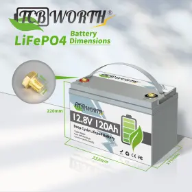 T12100332 Tcbworth 12v 120ah Lifepo4 Lithium Battery Bms 20000 Cycles For Rv Marine Solar Off-grid