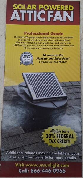 U.s. Sunlight 1010tr Solar Powered Attic Fan - U.s. Co. Model #1010tr Remote Controller