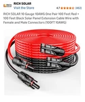 Rich Solar Gauge 10AWG One Pair 100 Feet Red + Black Panel Open. Price: $143.00.